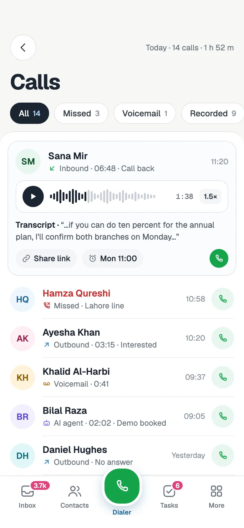 Calls list for today with inbound, missed, voicemail and outbound calls, including one the AI agent answered that ended with a demo booked