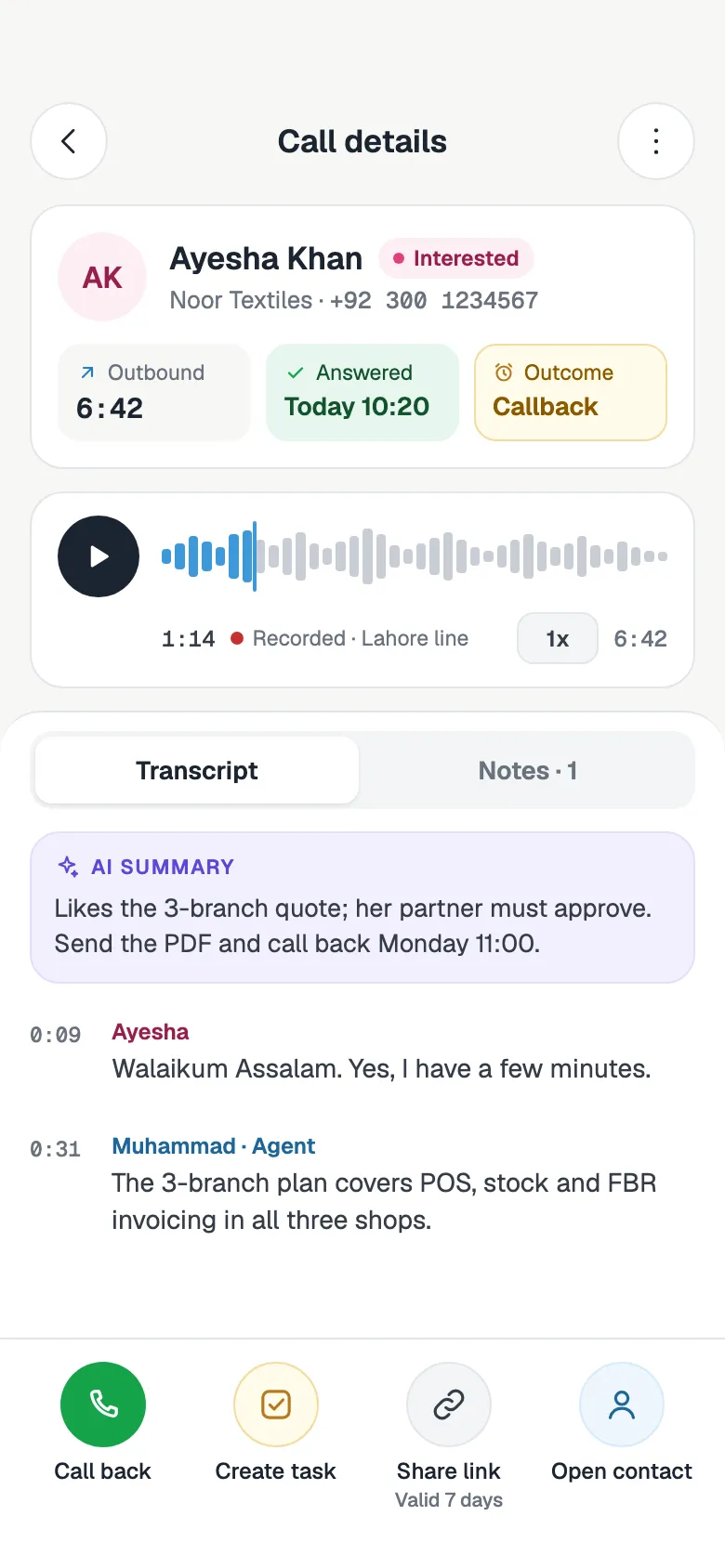 Call details for an outbound call: recording player, AI summary, transcript, and buttons to call back, create a task or share a link