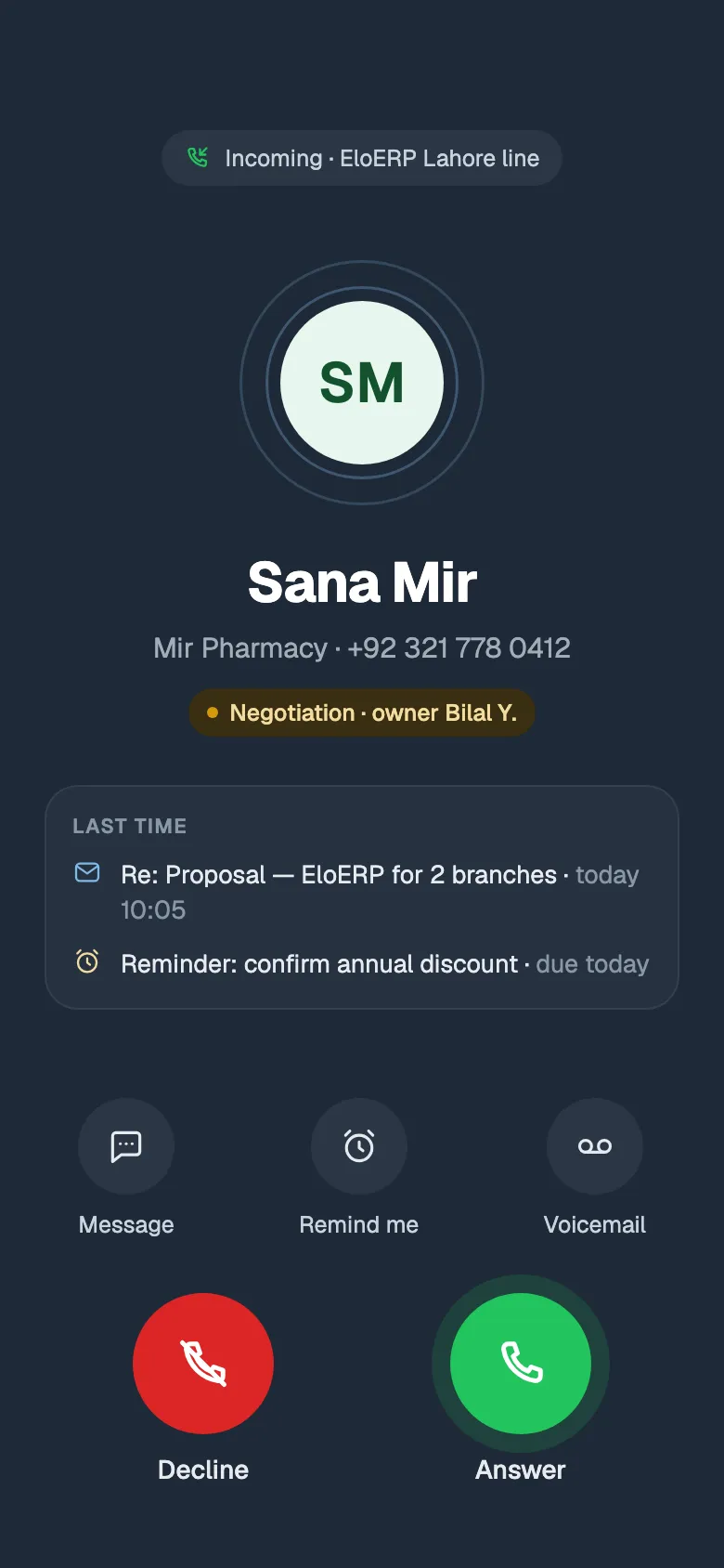 Incoming call from Sana Mir of Mir Pharmacy on the Lahore line, with her lead status, her owner, the last email and a due reminder shown before answering