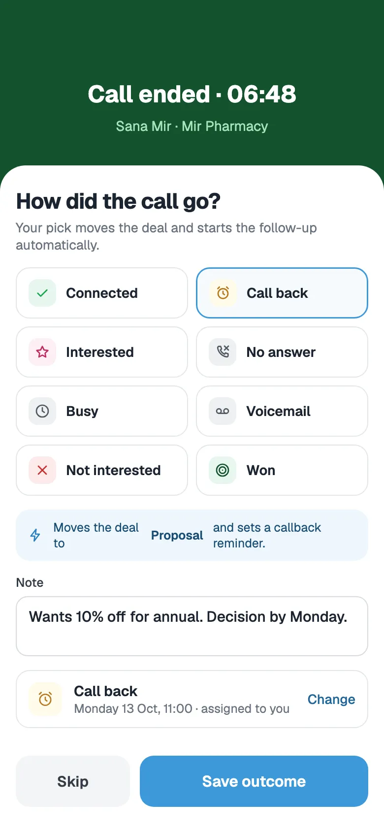 After-call screen with outcome choices such as Call back, Interested and Won, a note, and a call-back reminder set for Monday