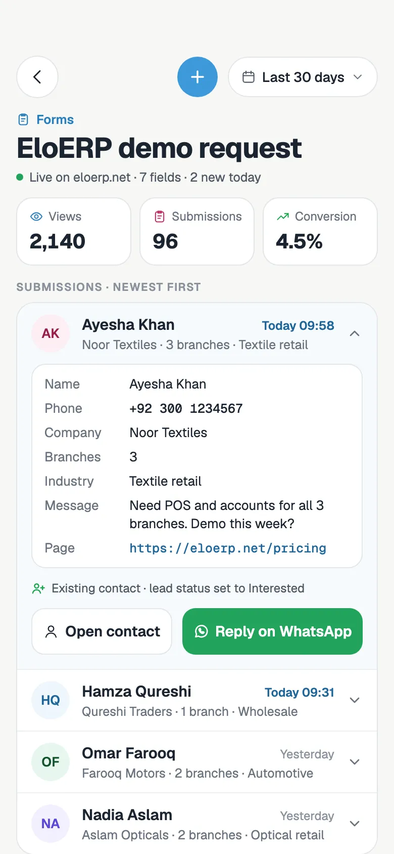 Form submissions for a demo request form, with one lead opened to show name, phone, company, branches, industry and message, and buttons to open the contact or reply on WhatsApp