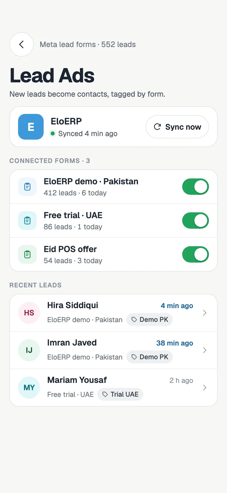 Lead Ads screen for a connected Facebook Page with three lead forms switched on, their lead counts, and the latest leads each tagged by the form they came from