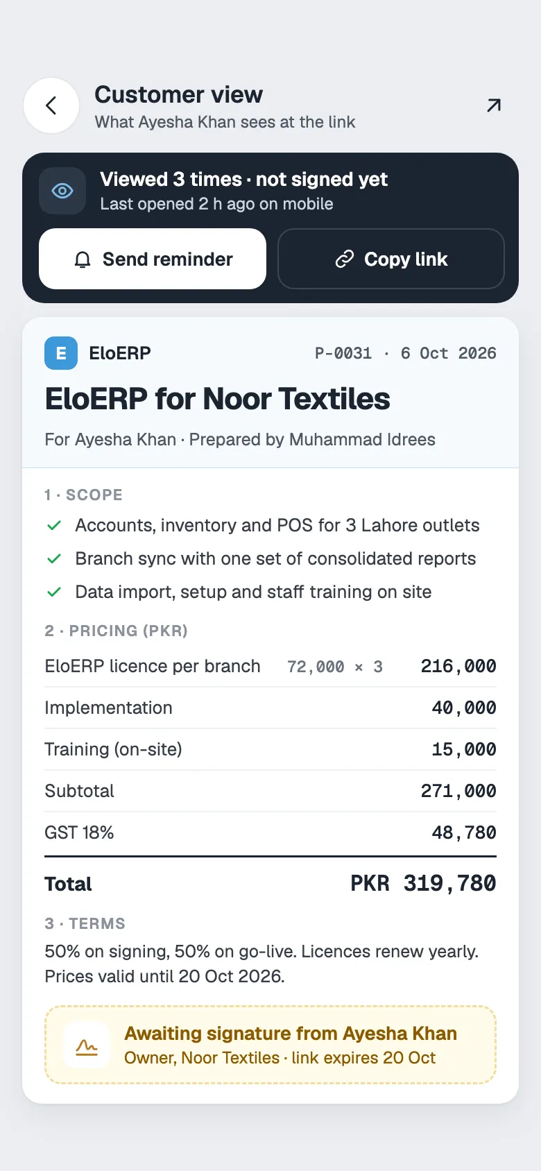 A proposal as the client sees it on a phone: scope, a pricing table with GST and total, payment terms and a box awaiting the client’s signature