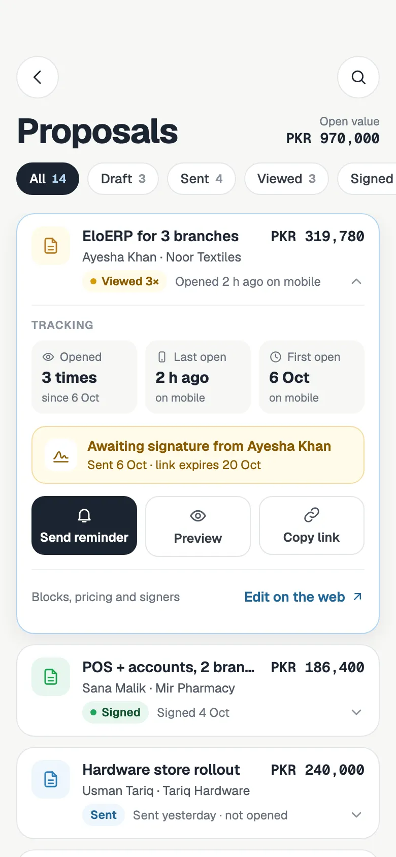 List of proposals with status filters; one proposal is expanded to show it was opened three times, last on mobile, with buttons to send a reminder, preview or copy the link