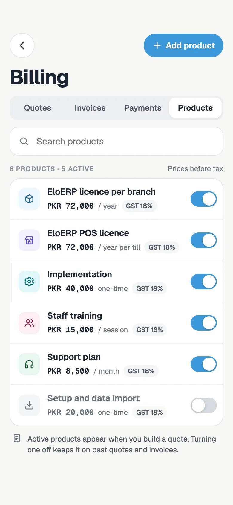 Product catalogue with prices before tax, a GST 18% rate on each product and switches to turn products on or off