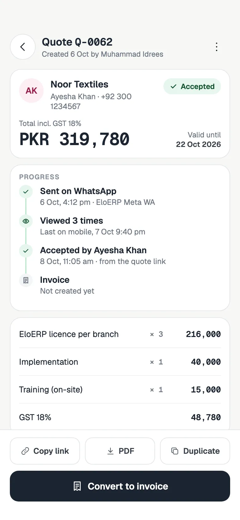 A quote timeline: sent on WhatsApp, viewed three times and accepted by the customer from the quote link, with a Convert to invoice button