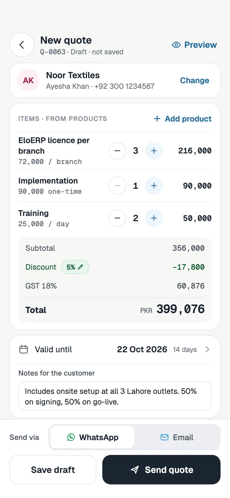 Building a new quote from products: quantities, a 5% discount, GST 18%, a total in PKR, a valid-until date, notes for the customer and a choice to send by WhatsApp or email