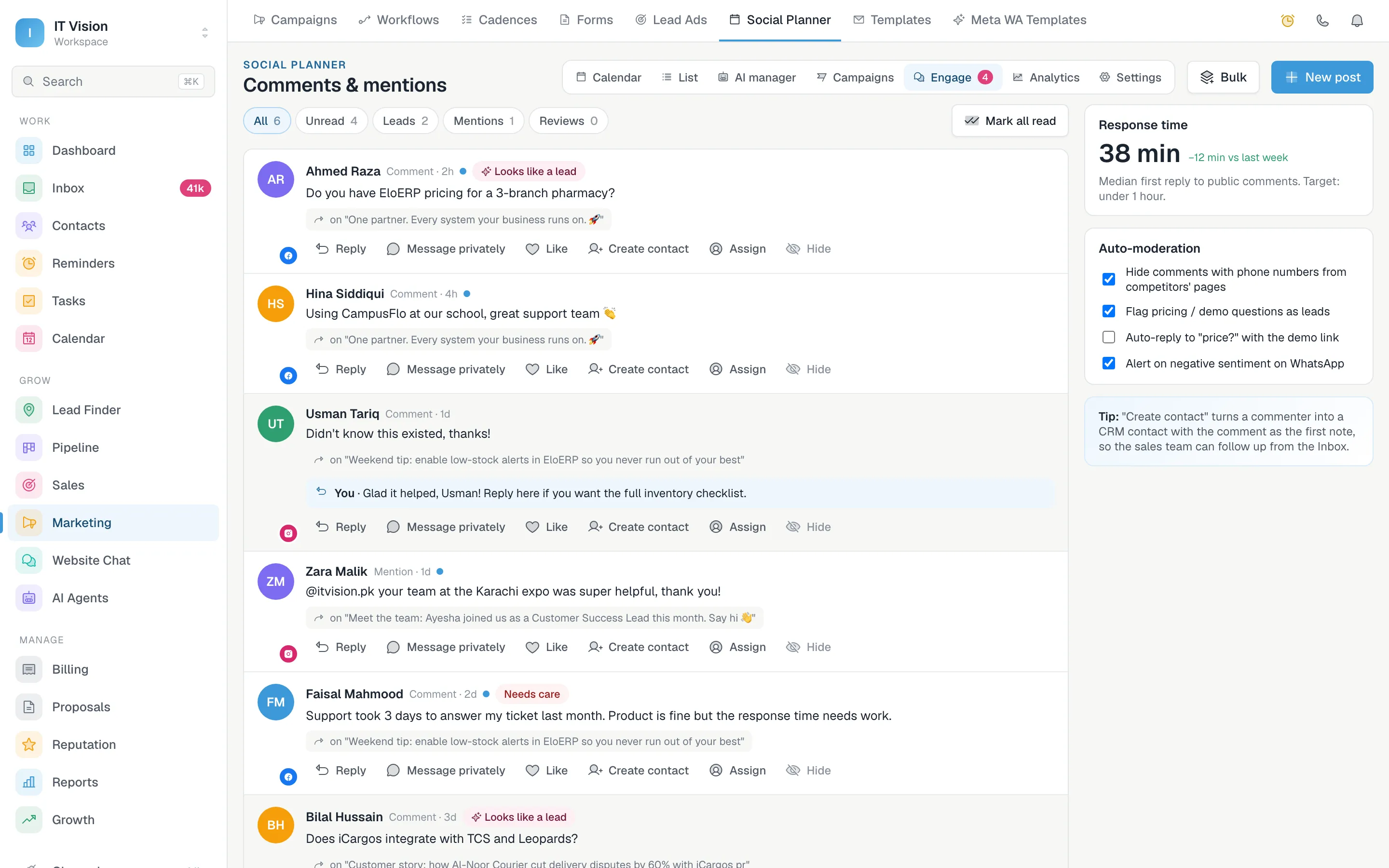 Comments and mentions from Facebook and Instagram with reply, private message, create contact and assign actions
