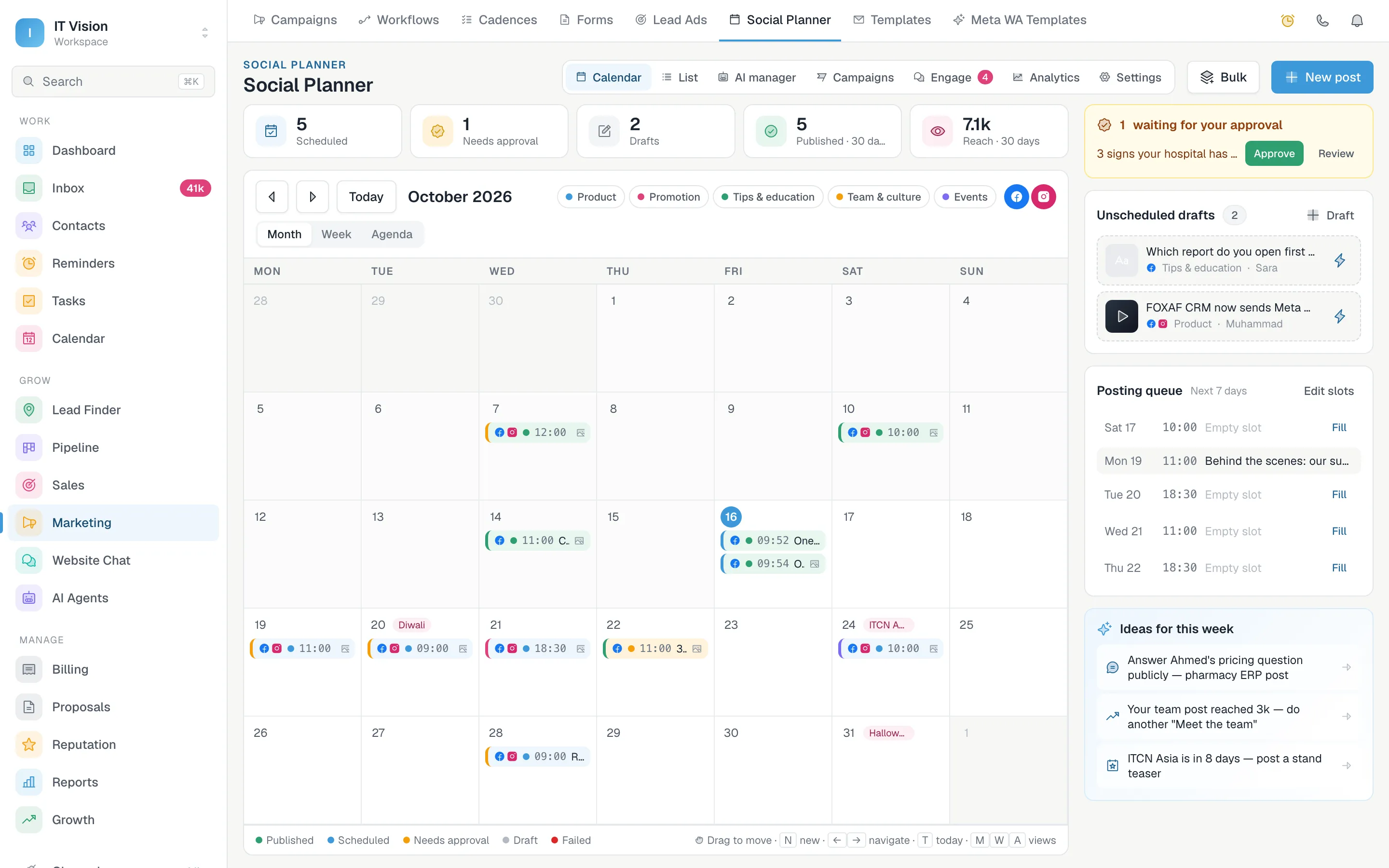 FOXAF Social Planner calendar for October with Facebook and Instagram posts on each day, a posting queue and an approval waiting