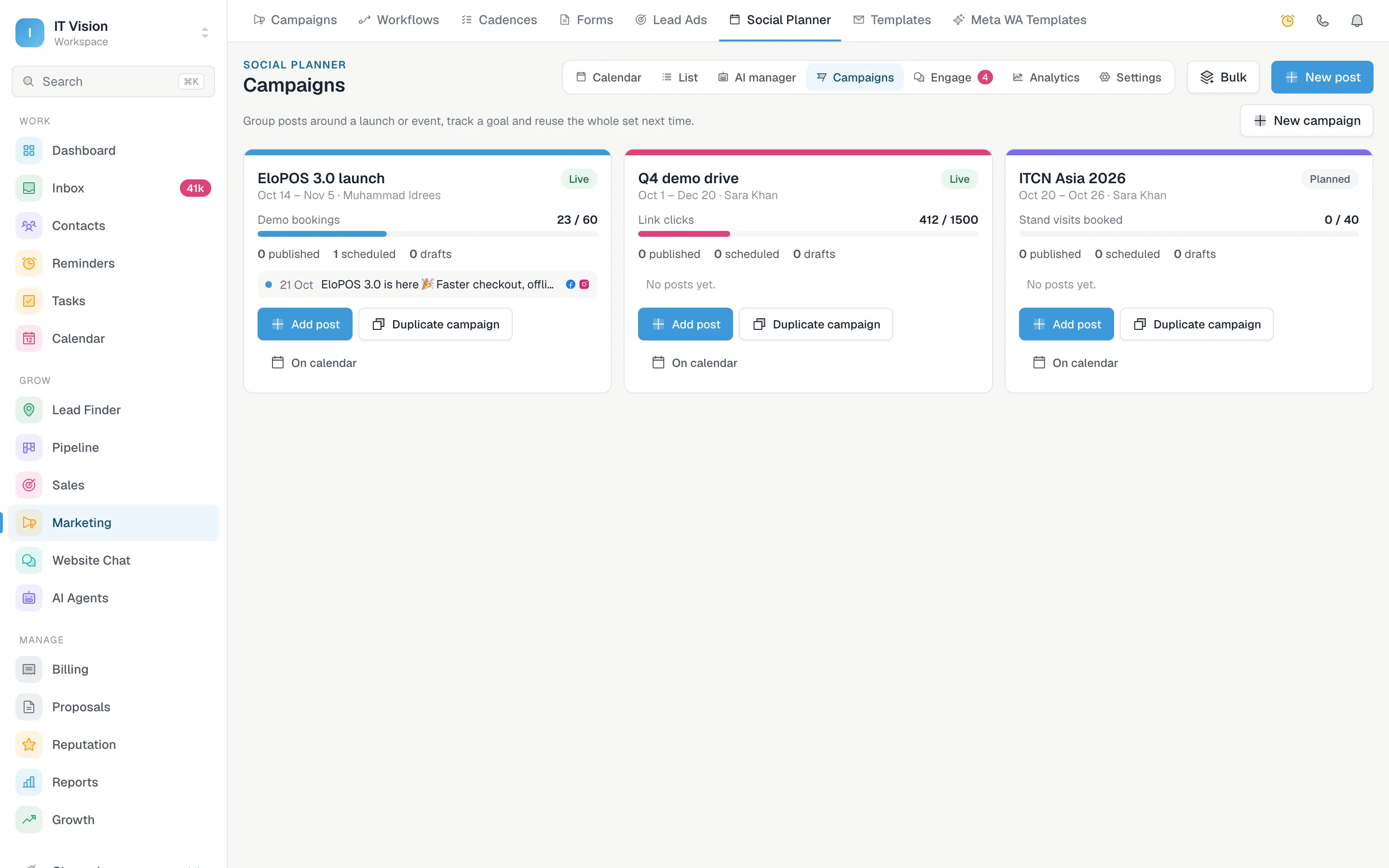 Campaigns grouping the posts for a product launch, a demo drive and a trade show