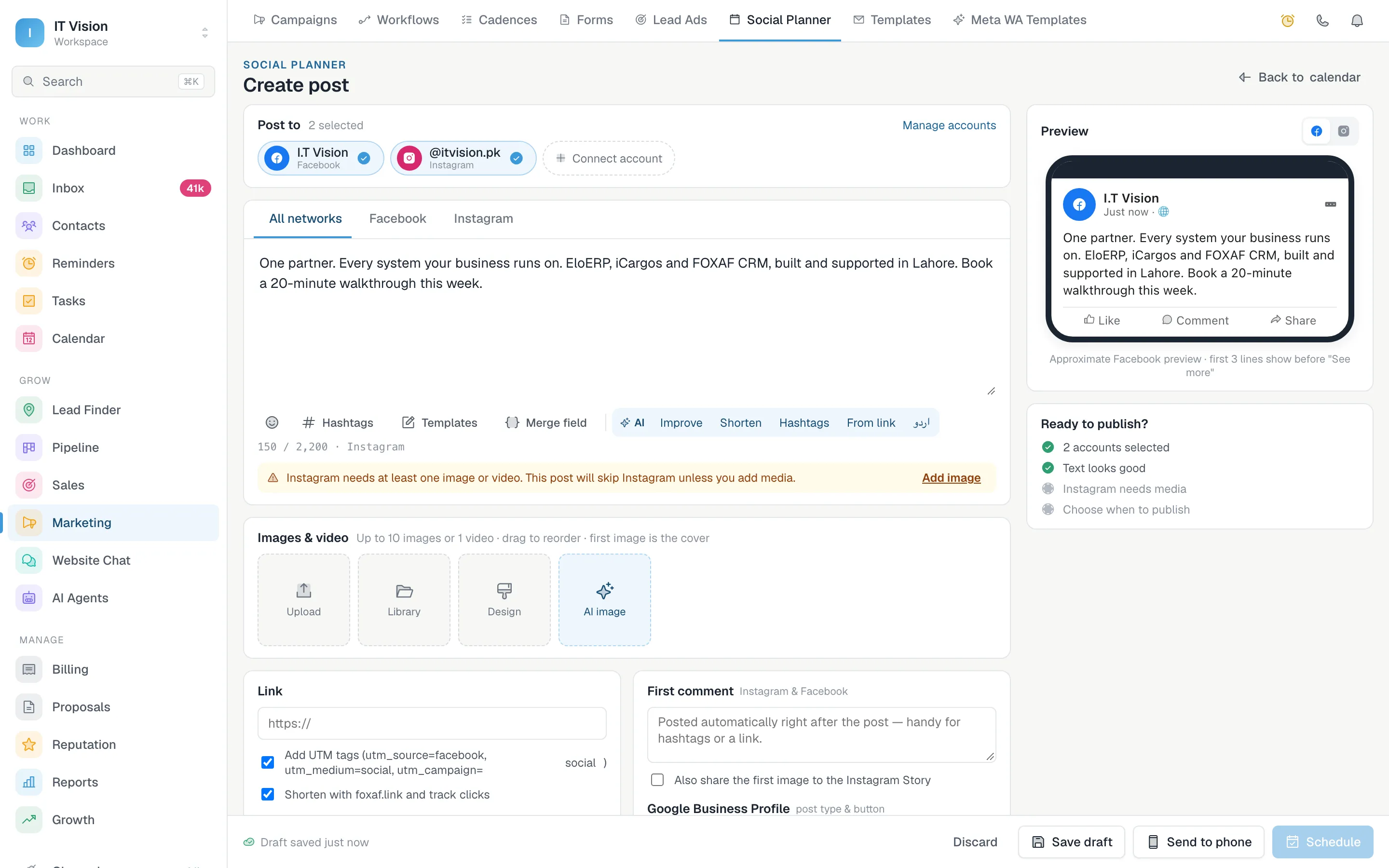 Creating a post for a Facebook Page and an Instagram account, with a live Facebook preview and a publish checklist