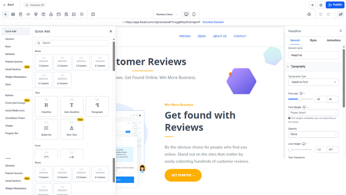FOXAF CRM landing page builder publishing to a custom domain