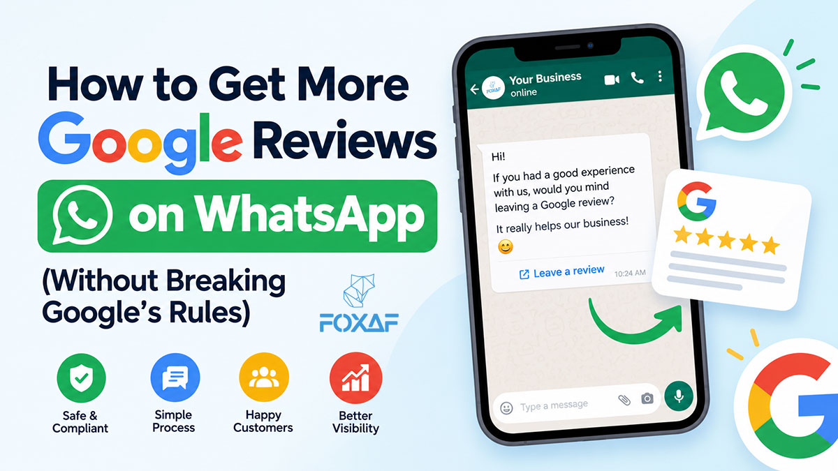 A WhatsApp message thanking a customer by name, with a "Leave a Google review" link under it