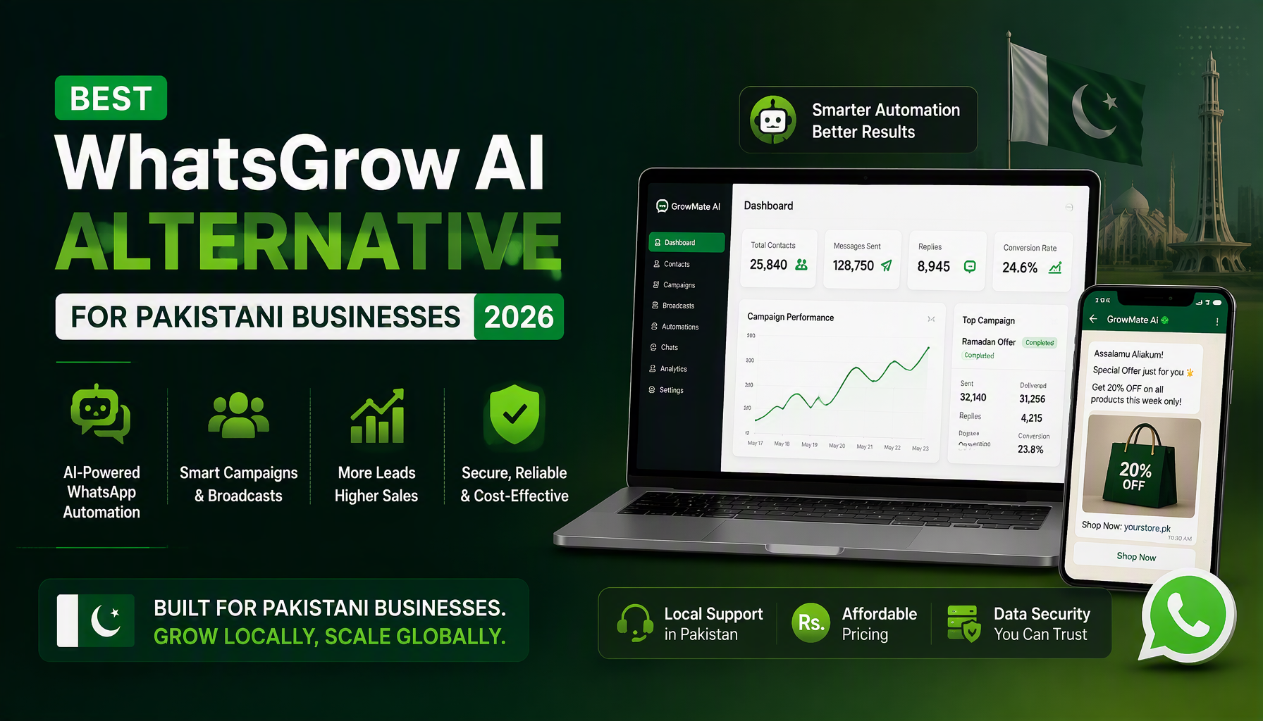 Side-by-side comparison of WhatsGrow AI and FOXAF WhatsApp CRM platforms for businesses in Pakistan