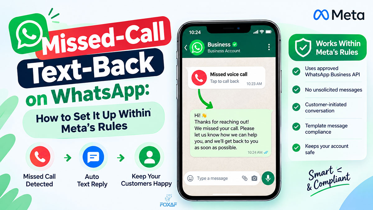 A phone showing a missed call notification, then a WhatsApp message from the business offering a call-back time