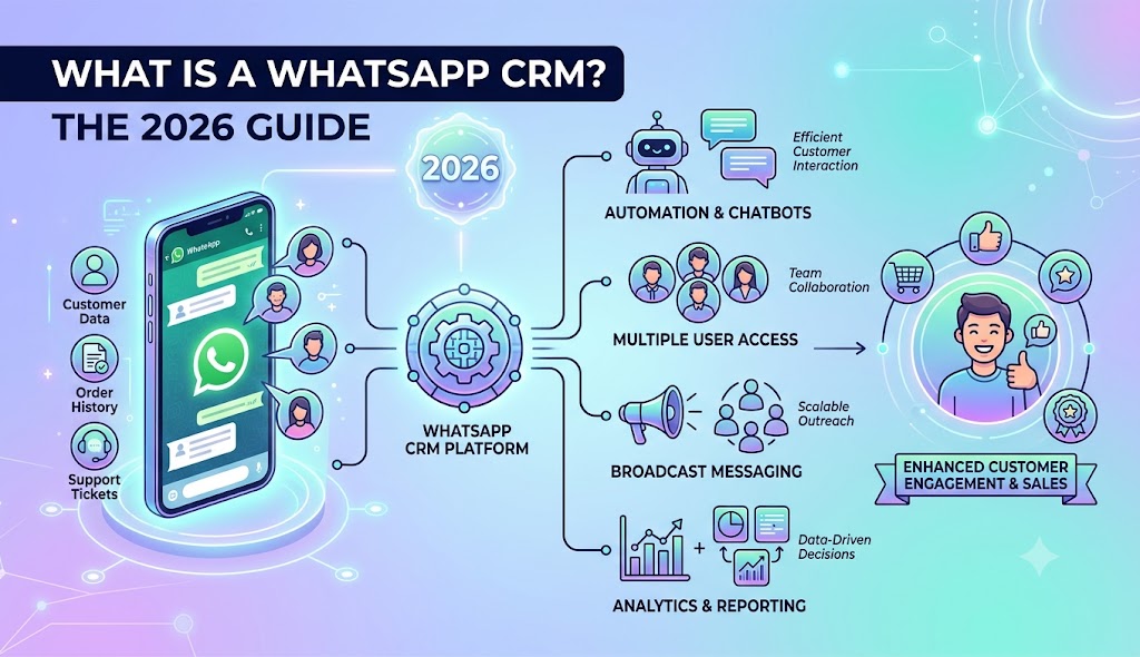Diagram of a WhatsApp CRM connecting a shared team inbox to a sales pipeline