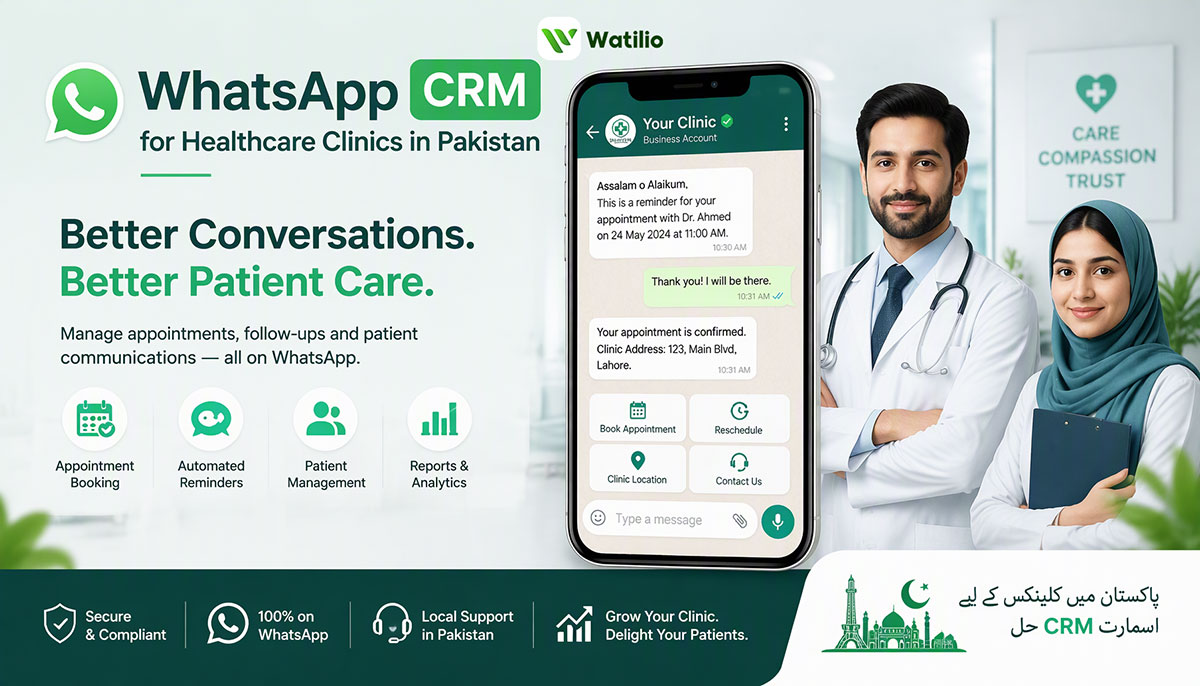 Pakistani healthcare clinic receptionist using WhatsApp CRM on desktop to manage patient appointments and follow-ups